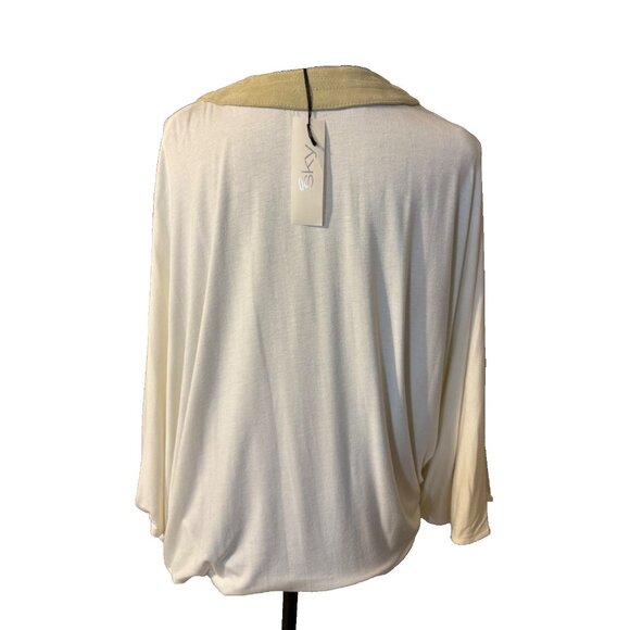 SKY Brand Top M White Tan Suede Trim Stretch Flowy Dolman Grecian Kimomo NEW - Picture 3 of 12